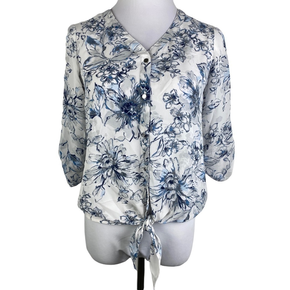 Nue Options‎ Petite Floral Tie Waist Button Down Blouse Women's 2P Blue White
